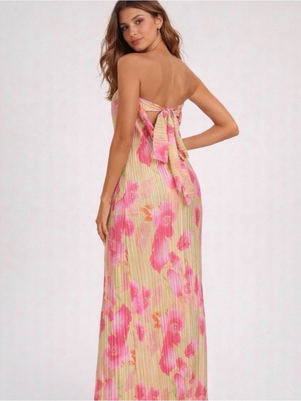 Strapless Pink Floral Tie-Back Maxi Dress